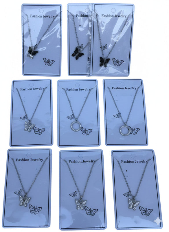 Sparkling butterfly and ring-shaped necklaces