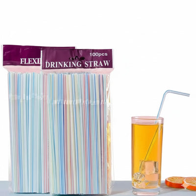 Flexible Striped Drinking Straws Pack - 100 Pieces